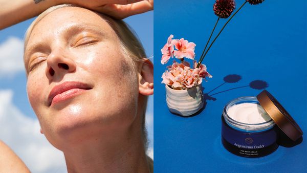 Split image of a woman basking in the sun and Augustinus Bader body cream product shot