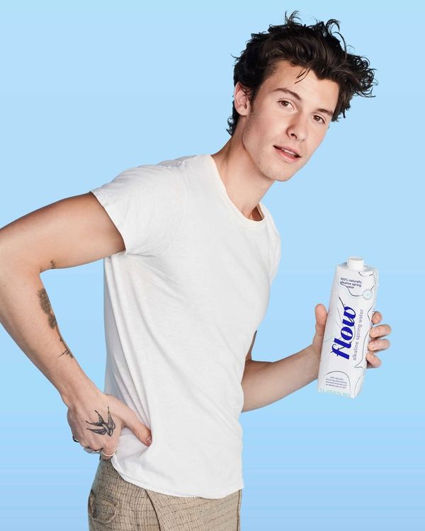 Shawn Mendes posed holding a bottle of Flow water