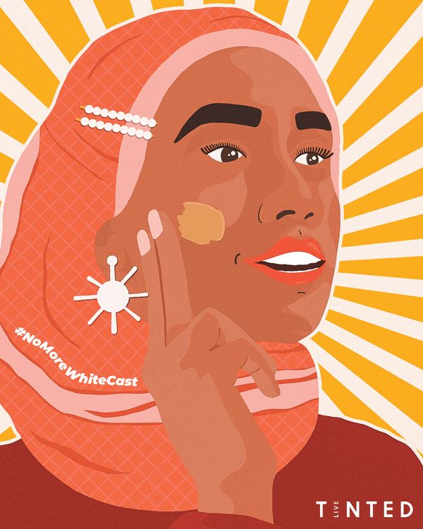 Illustration of a girl wearing a hijab swiping cream product across her cheek
