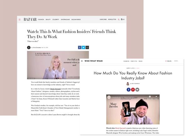 Screen grabs of a Harper's Bazaar and Who What Wear articles about Moda Operandi 