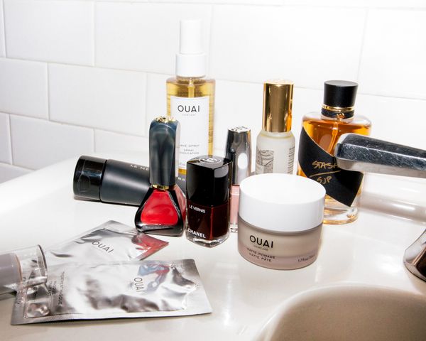 Number of beauty products on a bathroom counter