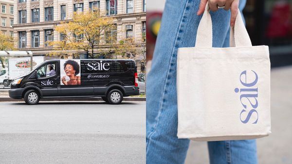 Split image of a Saie branded sprinter van and a Saie tote bag